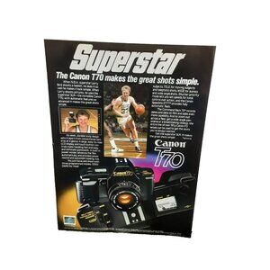 Vintage Canon T70 Camera Print Ad Larry Bird Basketball Celtics SLR 1985